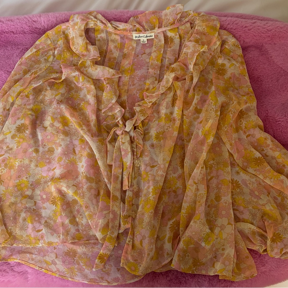 For Love & Lemons Pink and Yellow Floral Ruffle Blouse